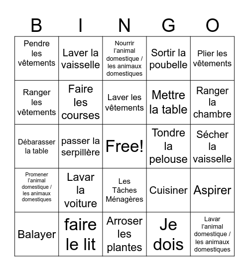 Les Taches Menageres 1 Bingo Card