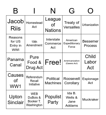 Progressive Era Bingo Card