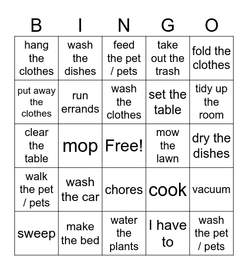 Taches Menageres 2 Bingo Card