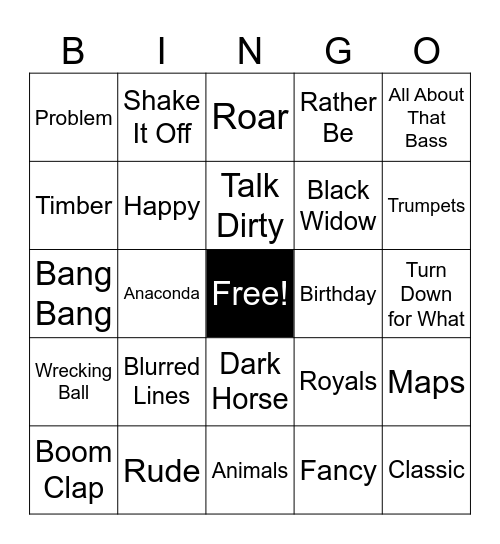 2014 Billboard Top Hits Bingo Card