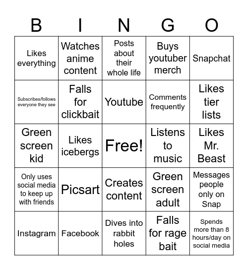 Social Media Bingo Card