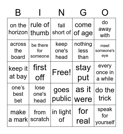 English Idioms Bingo Card