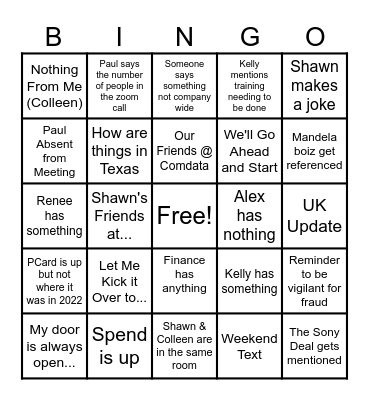 Monday Meeting Bingo Card