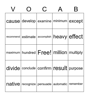 Vocabulary BINGO Card