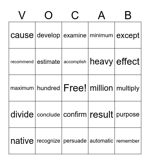 Vocabulary BINGO Card