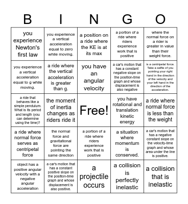 AP Physics Six Flags:  Find a ride where: Bingo Card