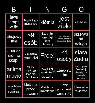 Wieczory filmowe Bindo Bingo Card