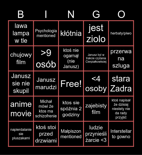 Wieczory filmowe Bindo Bingo Card