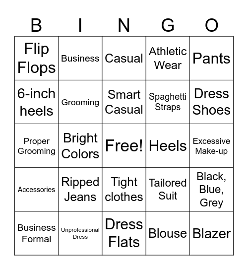 Professional Dress BINGO Card