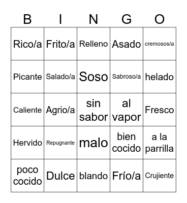 Spanish Adjectives for Food Bingo Card