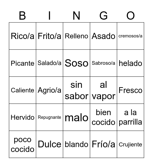 Spanish Adjectives for Food Bingo Card