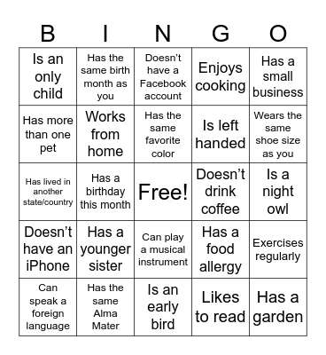 Getting To Know You Bingo Card