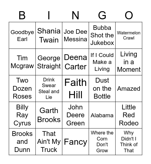 90s Country Songs Bingo Card