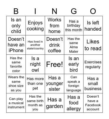 Getting To Know You Bingo Card