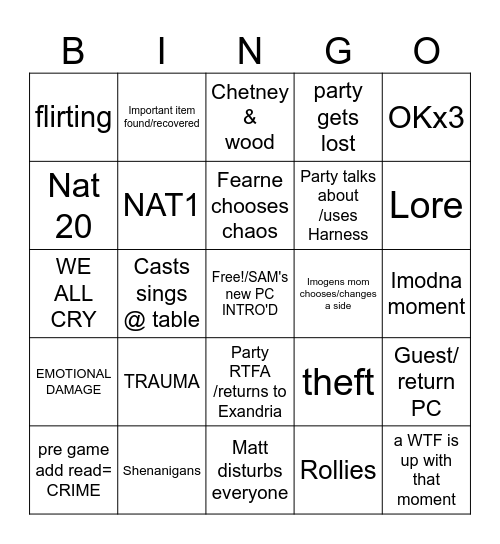 CR C3 Ep92 Bingo Card