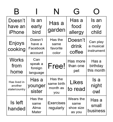 Getting To Know You Bingo Card