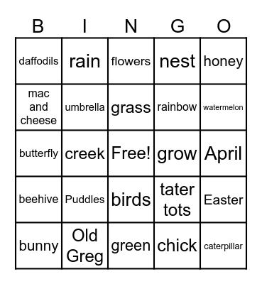 PRM Spring Bingo Card