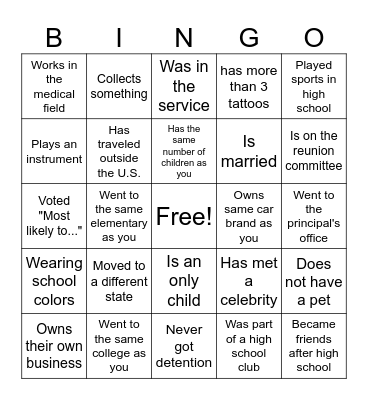 BPHS Class of 2014 Reunion Bingo Card