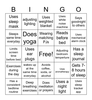 Sleep Hygiene Bingo Card