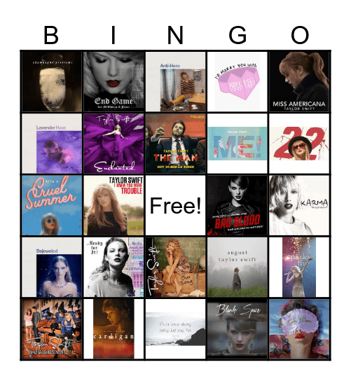 Taylor Swift Songs Bingo Card