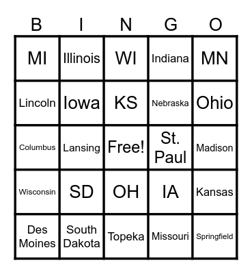 Midwestern States Bingo Card