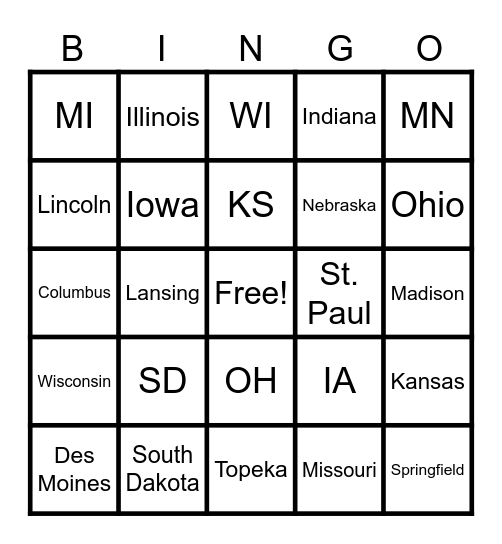 Midwestern States Bingo Card