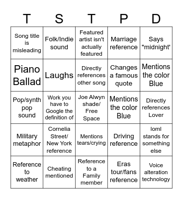 The Tortured Poets Department Bingo Card