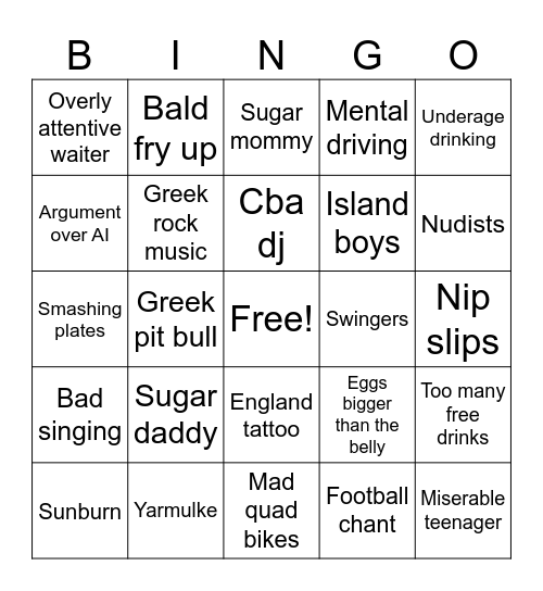 Rhodes Holiday Bingo card Bingo Card