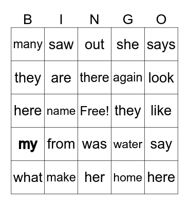 Sight Words for First Bingo Card
