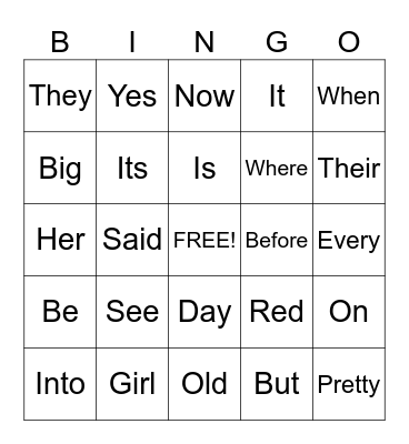 Sight Words Bingo Card