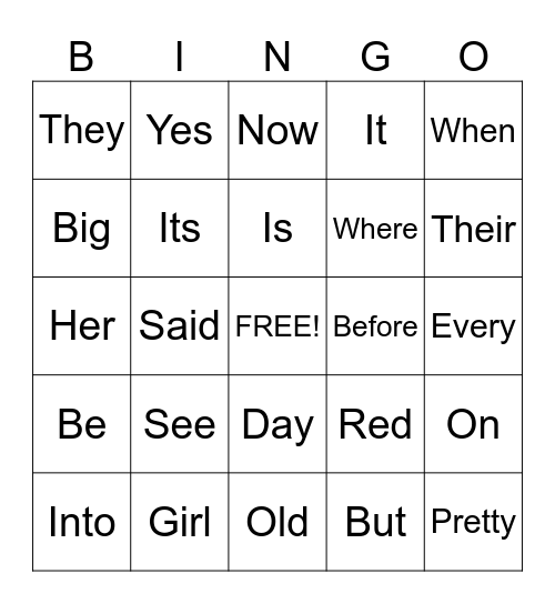 Sight Words Bingo Card