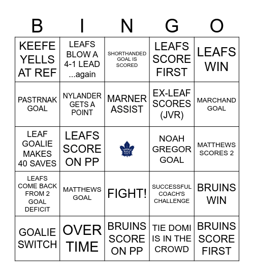 Maple Leafs vs Bruins Bingo Card