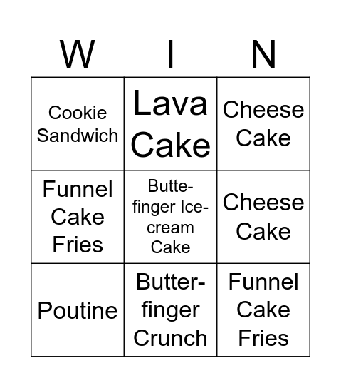Free Meal / Dessert Bingo Card