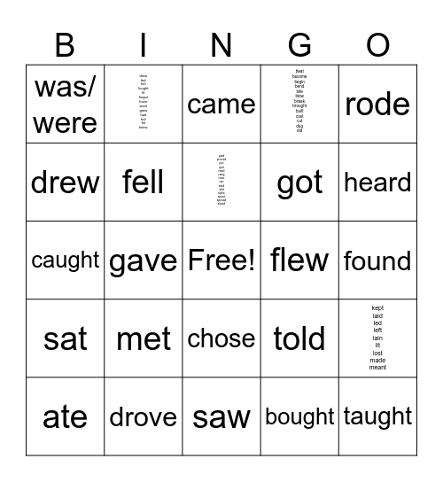 Past Tense of Irregular Verbs Bingo Card