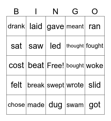 Past Tense of Irregular Verbs Bingo Card