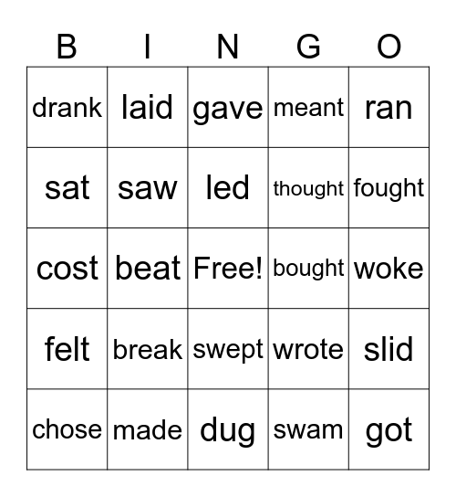 Past Tense of Irregular Verbs Bingo Card