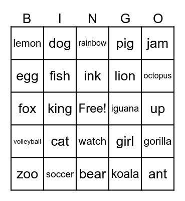 Alphabet BINGO! 6 grades Bingo Card