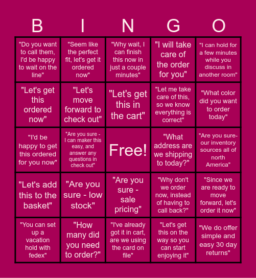 Assumign the sale & Overcoming Objections Bingo Card