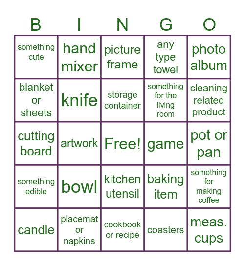 Shower Bingo Card