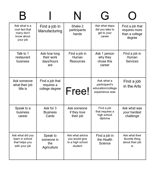 Career Fair BINGO Card