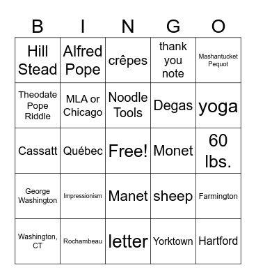 CT Connections Bingo Card