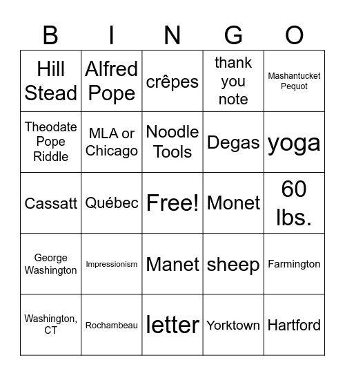 CT Connections Bingo Card