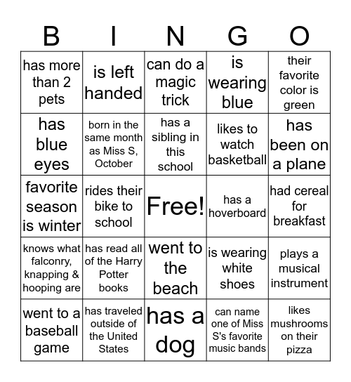 Find Someone In Our Class Who Bingo Card