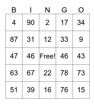 Number Bingo Card