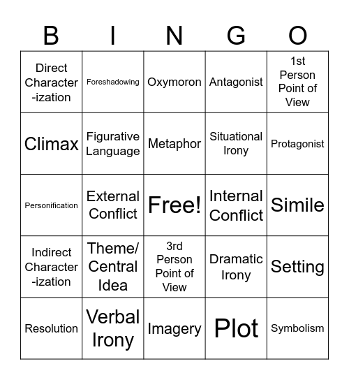 Literary Devices Bingo Card