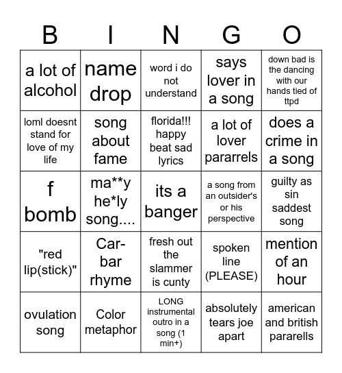 THE TORTURED POET'S DEPARTMENT Bingo Card