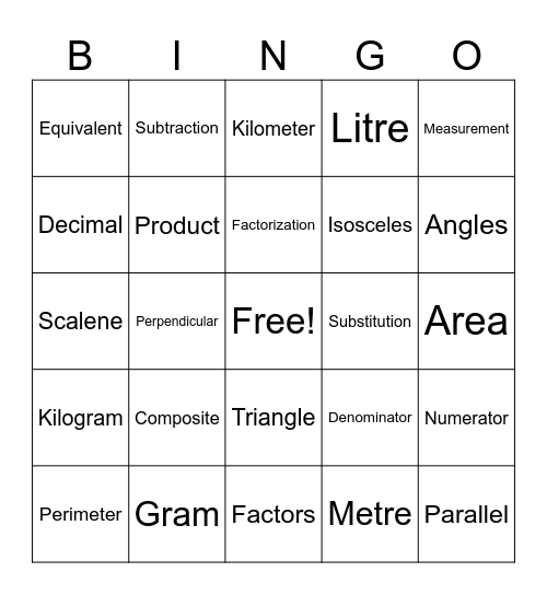 Grade 5 Mathematics Bingo Card