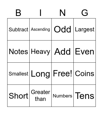 Grade 1 Mathematics Bingo Card