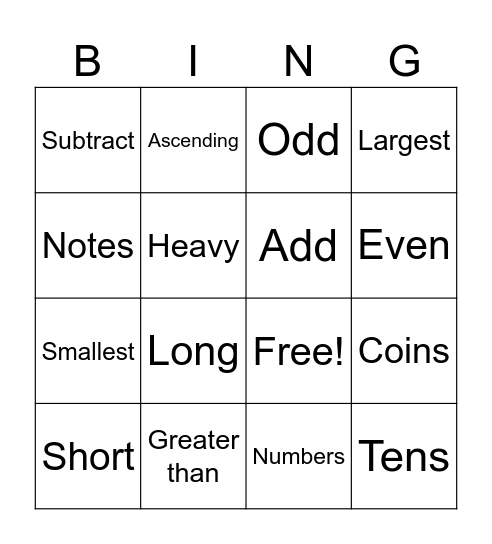Grade 1 Mathematics Bingo Card