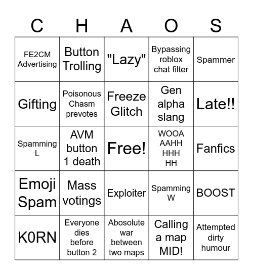 Chaos Server BINGO (4/19/24) Bingo Card